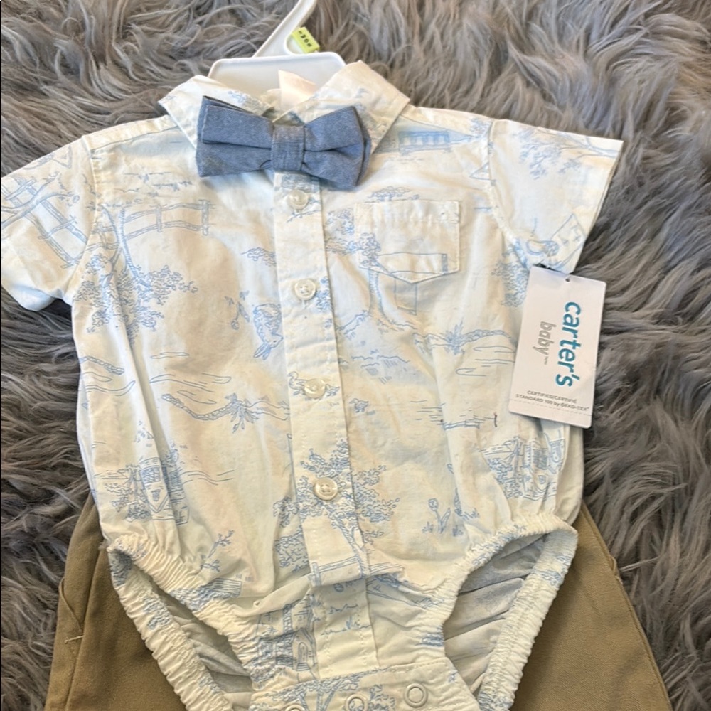 Carter's Baby Printed Blue &White Bodysuitw/Bow Tie. Matching set w/khaki shorts
